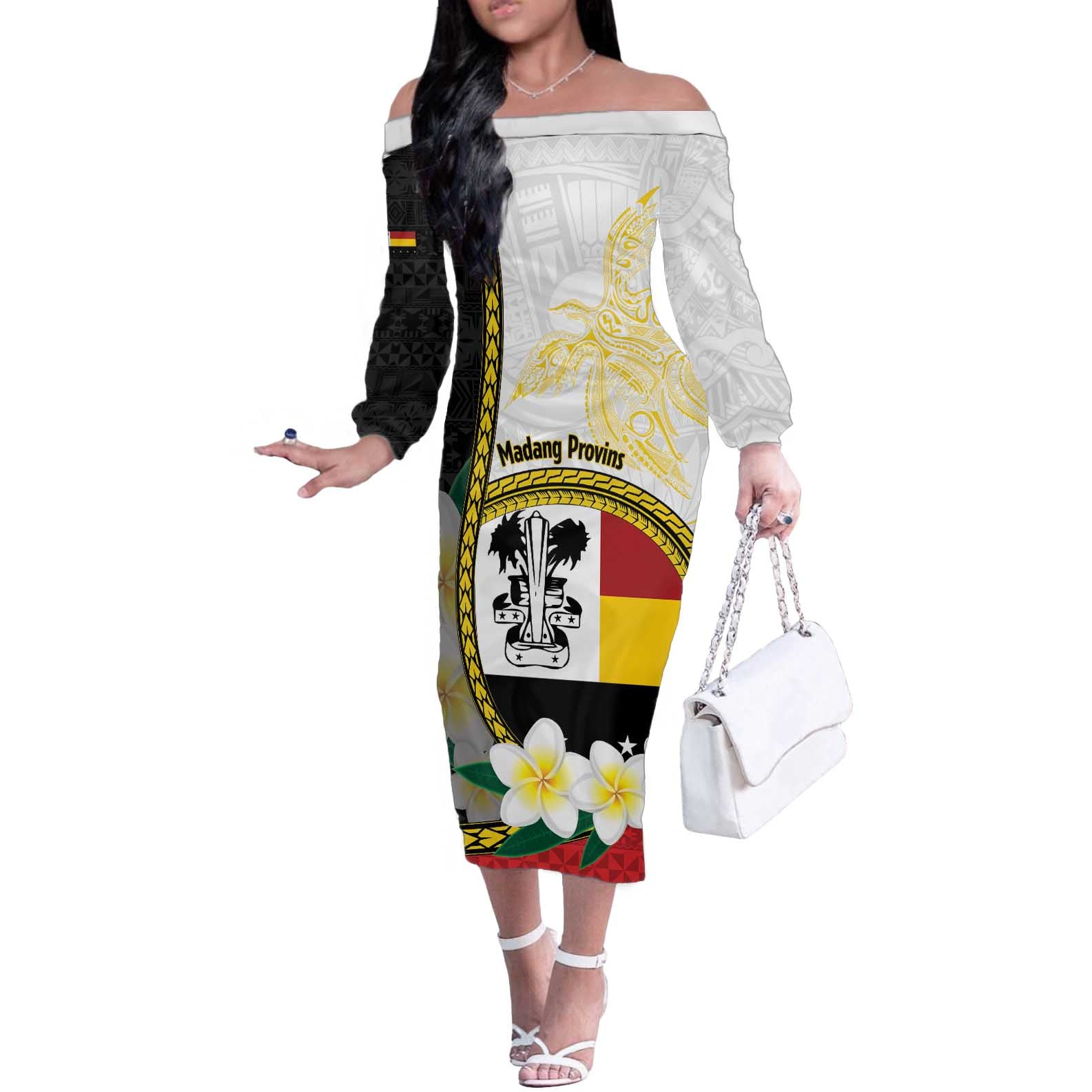 Personalised PNG Madang Provins Off The Shoulder Long Sleeve Dress Papua New Guinea Plumeria Melanesian Pattern - Polynesian Pride