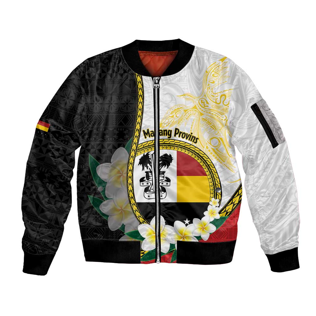 Personalised PNG Madang Provins Sleeve Zip Bomber Jacket Papua New Guinea Plumeria Melanesian Pattern - Polynesian Pride