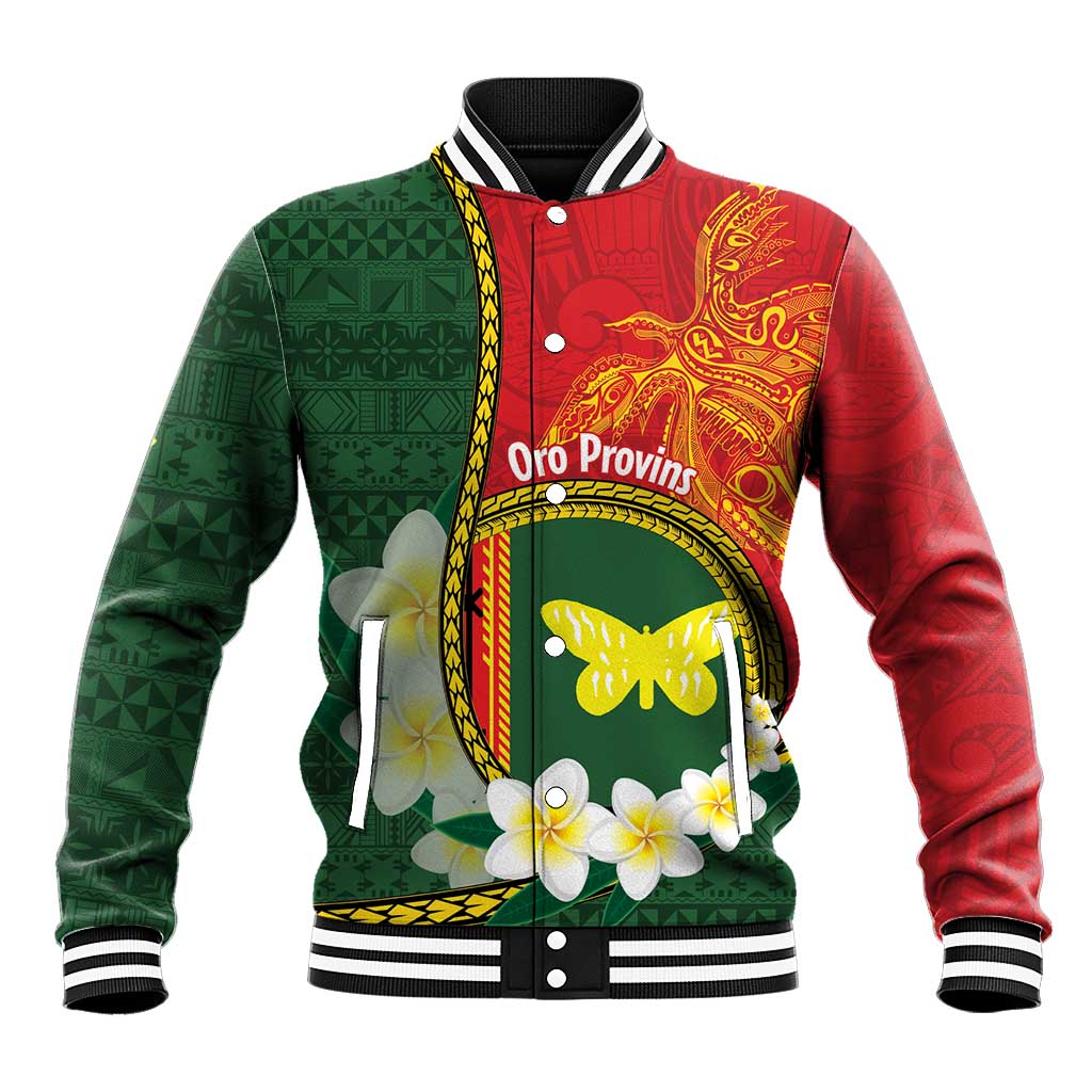 Personalised PNG Oro Provins Baseball Jacket Papua New Guinea Plumeria Melanesian Pattern LT14 Unisex Green - Polynesian Pride