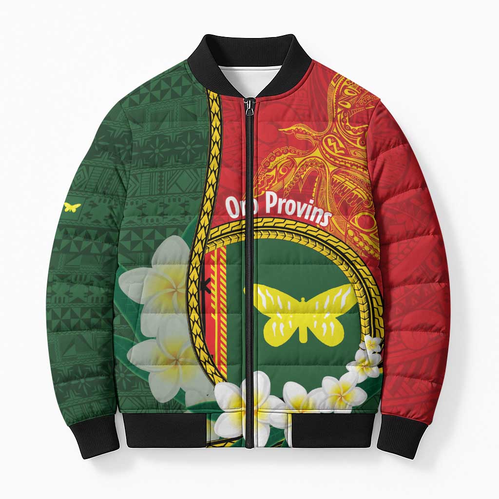 Personalised PNG Oro Provins Bomber Puffer Jacket Papua New Guinea Plumeria Melanesian Pattern LT14 Green - Polynesian Pride