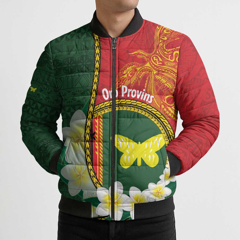 Personalised PNG Oro Provins Bomber Puffer Jacket Papua New Guinea Plumeria Melanesian Pattern LT14 - Polynesian Pride
