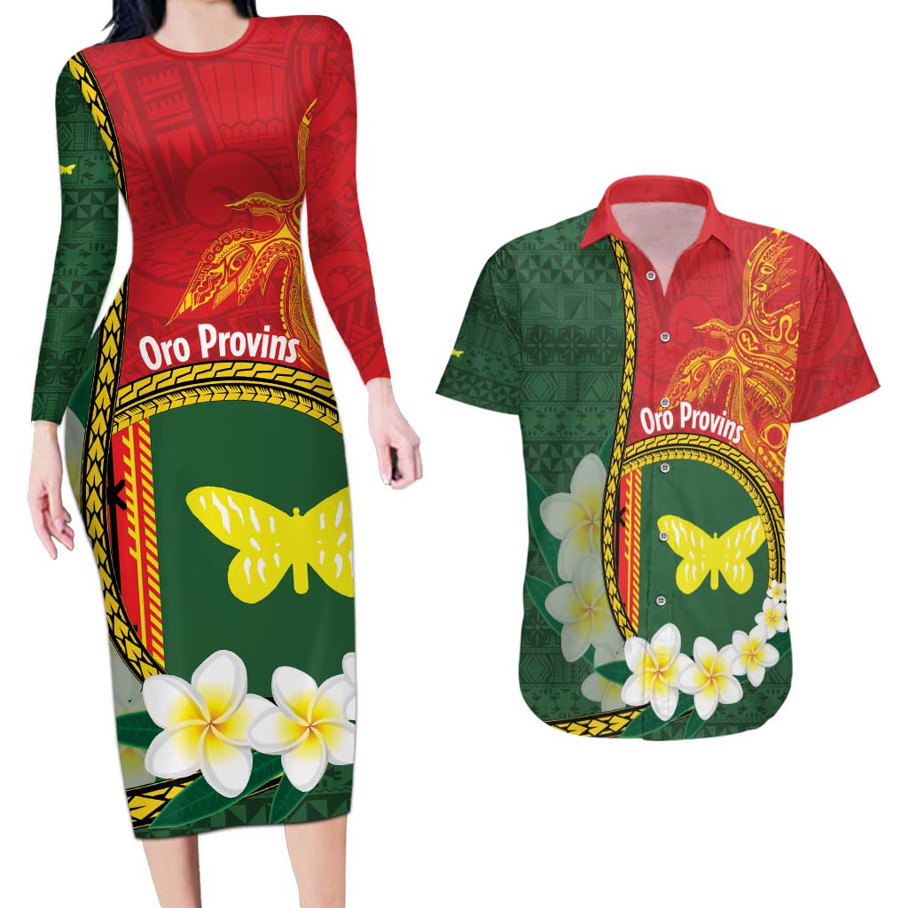Personalised PNG Oro Provins Couples Matching Long Sleeve Bodycon Dress and Hawaiian Shirt Papua New Guinea Plumeria Melanesian Pattern - Polynesian Pride