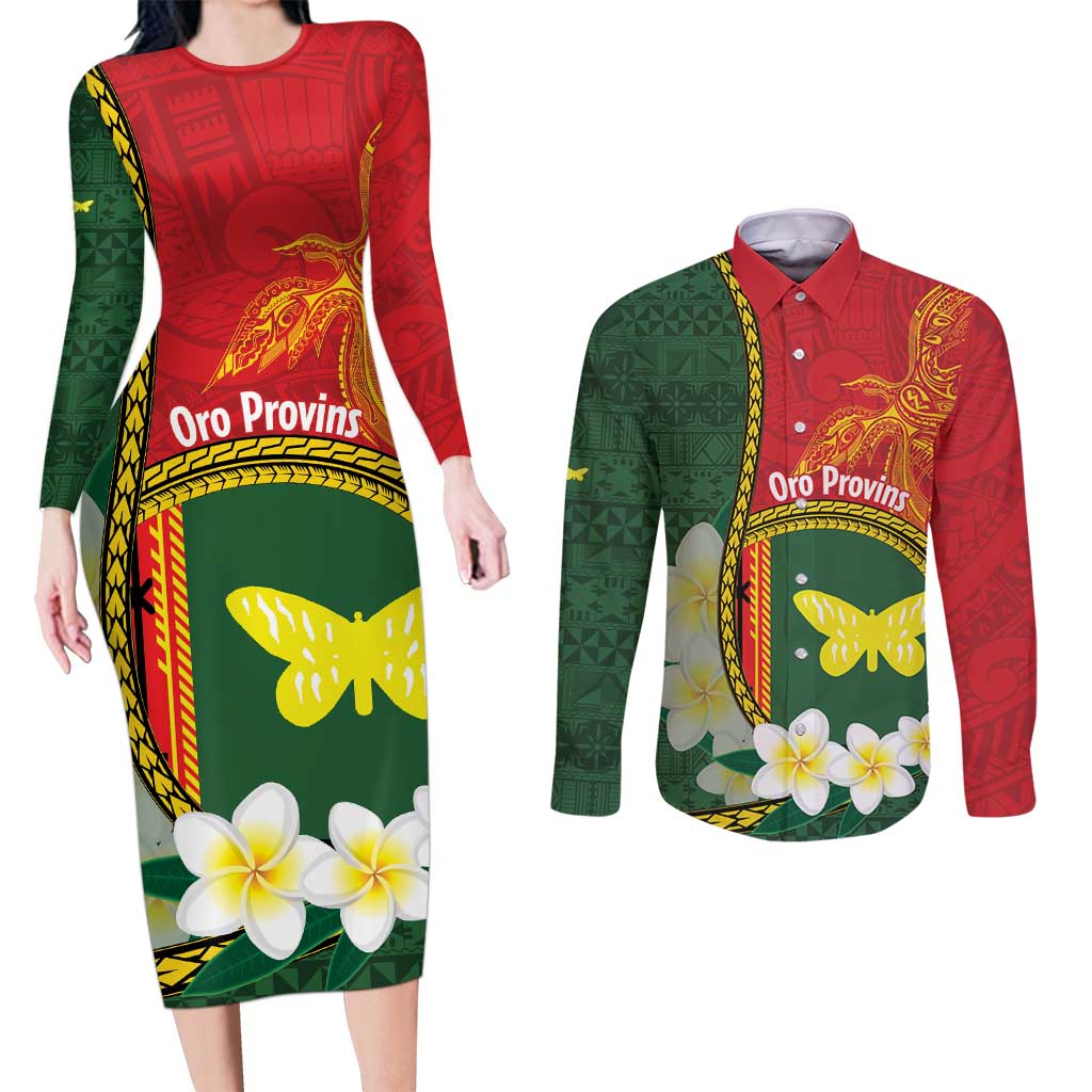 Personalised PNG Oro Provins Couples Matching Long Sleeve Bodycon Dress and Long Sleeve Button Shirt Papua New Guinea Plumeria Melanesian Pattern LT14 Green - Polynesian Pride