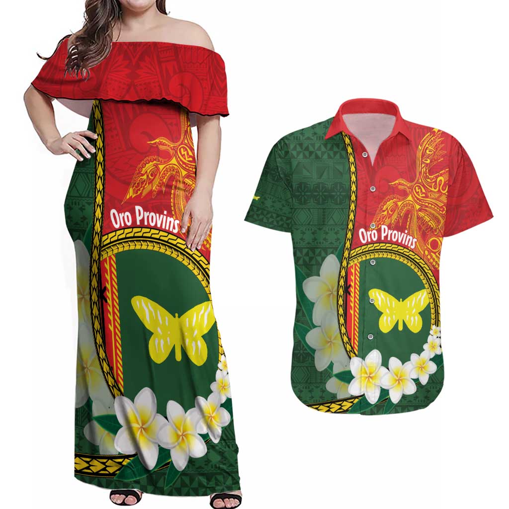 Personalised PNG Oro Provins Couples Matching Off Shoulder Maxi Dress and Hawaiian Shirt Papua New Guinea Plumeria Melanesian Pattern - Polynesian Pride