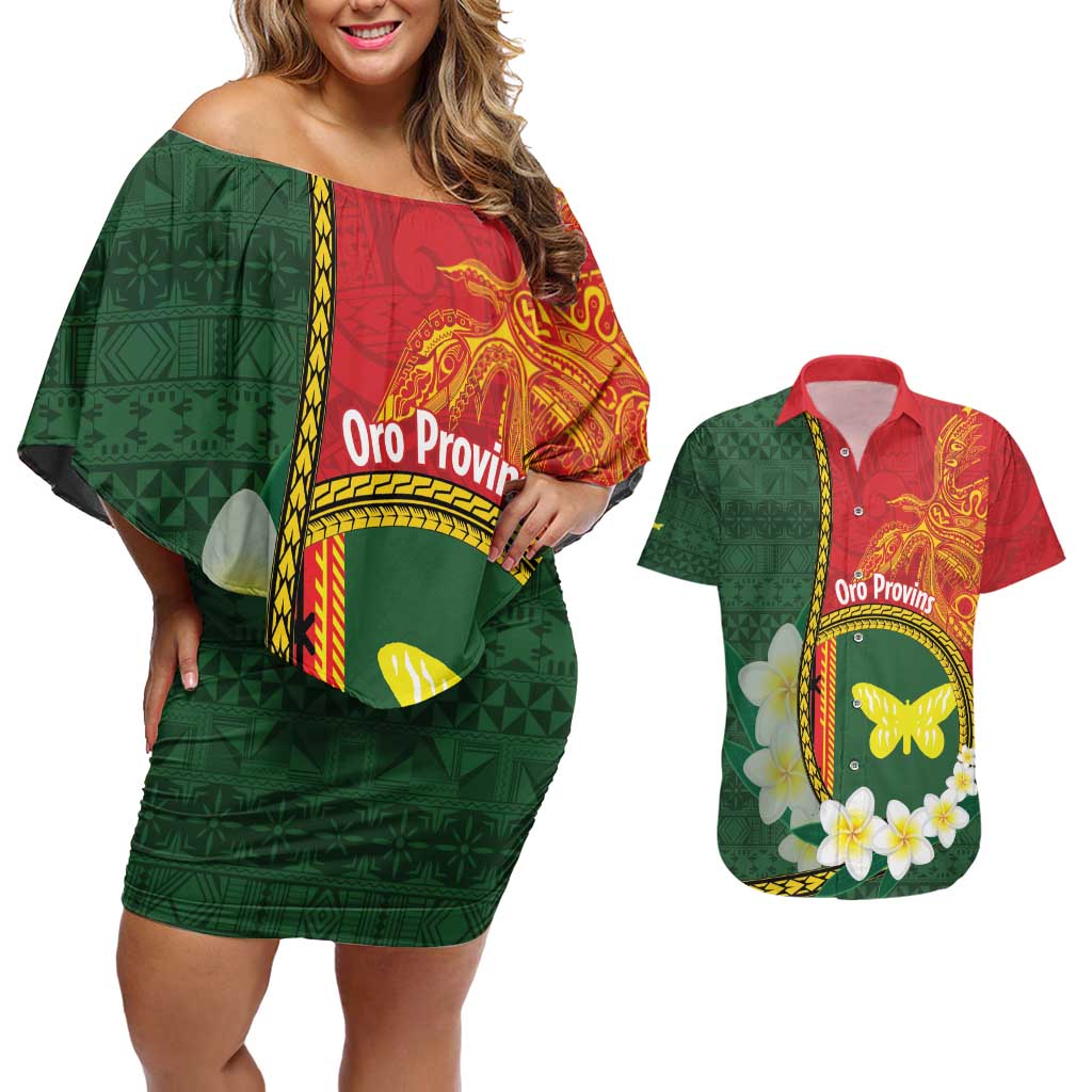 Personalised PNG Oro Provins Couples Matching Off Shoulder Short Dress and Hawaiian Shirt Papua New Guinea Plumeria Melanesian Pattern - Polynesian Pride