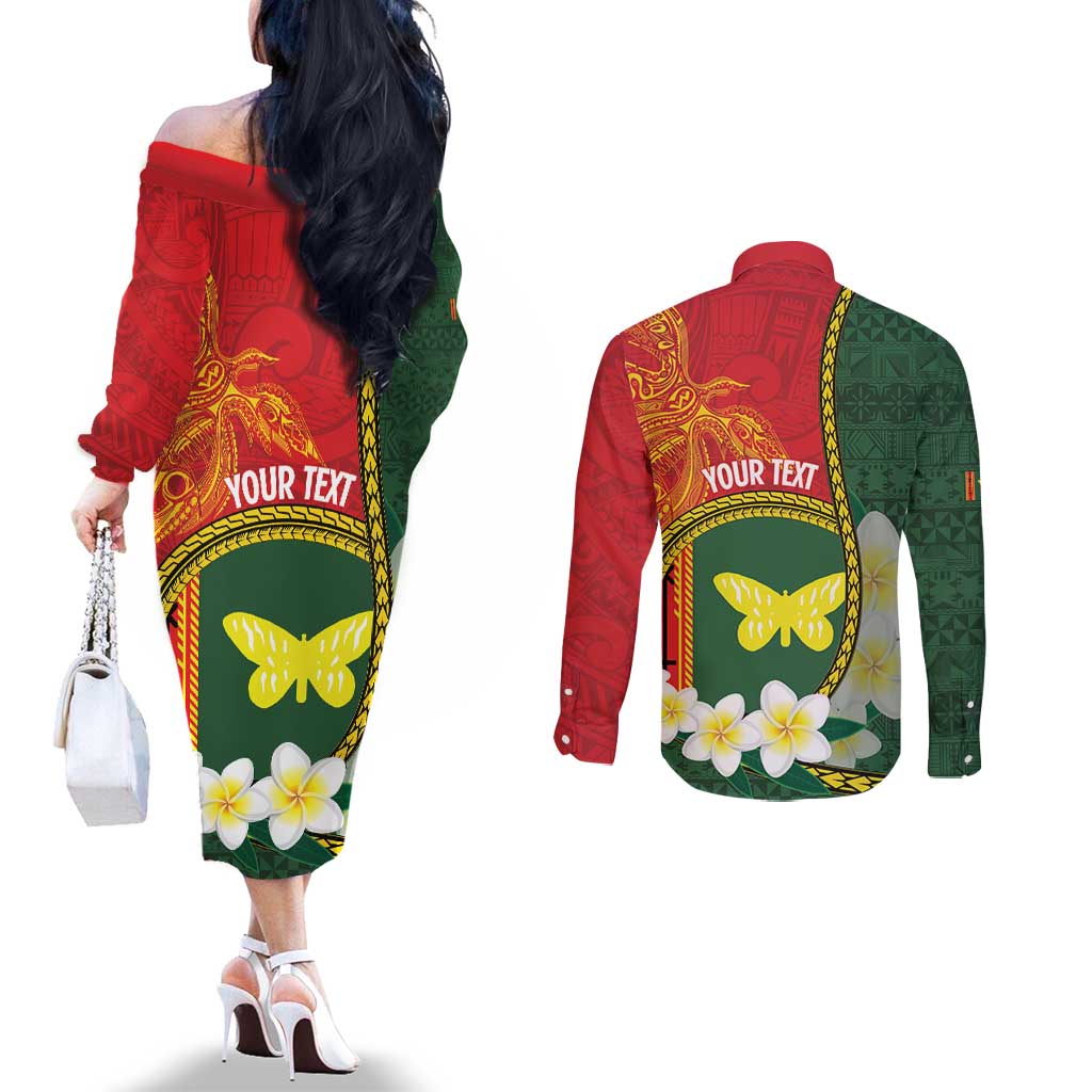 Personalised PNG Oro Provins Couples Matching Off The Shoulder Long Sleeve Dress and Long Sleeve Button Shirt Papua New Guinea Plumeria Melanesian Pattern - Polynesian Pride