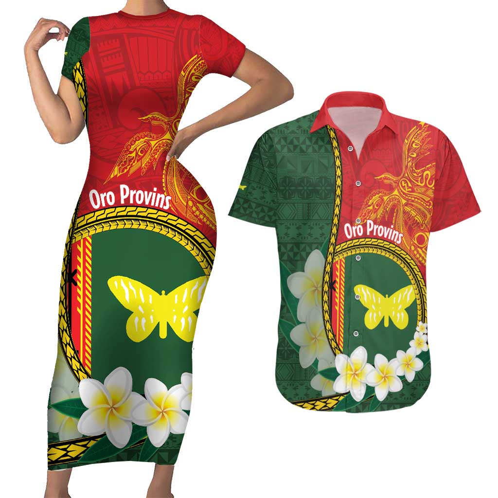 Personalised PNG Oro Provins Couples Matching Short Sleeve Bodycon Dress and Hawaiian Shirt Papua New Guinea Plumeria Melanesian Pattern - Polynesian Pride