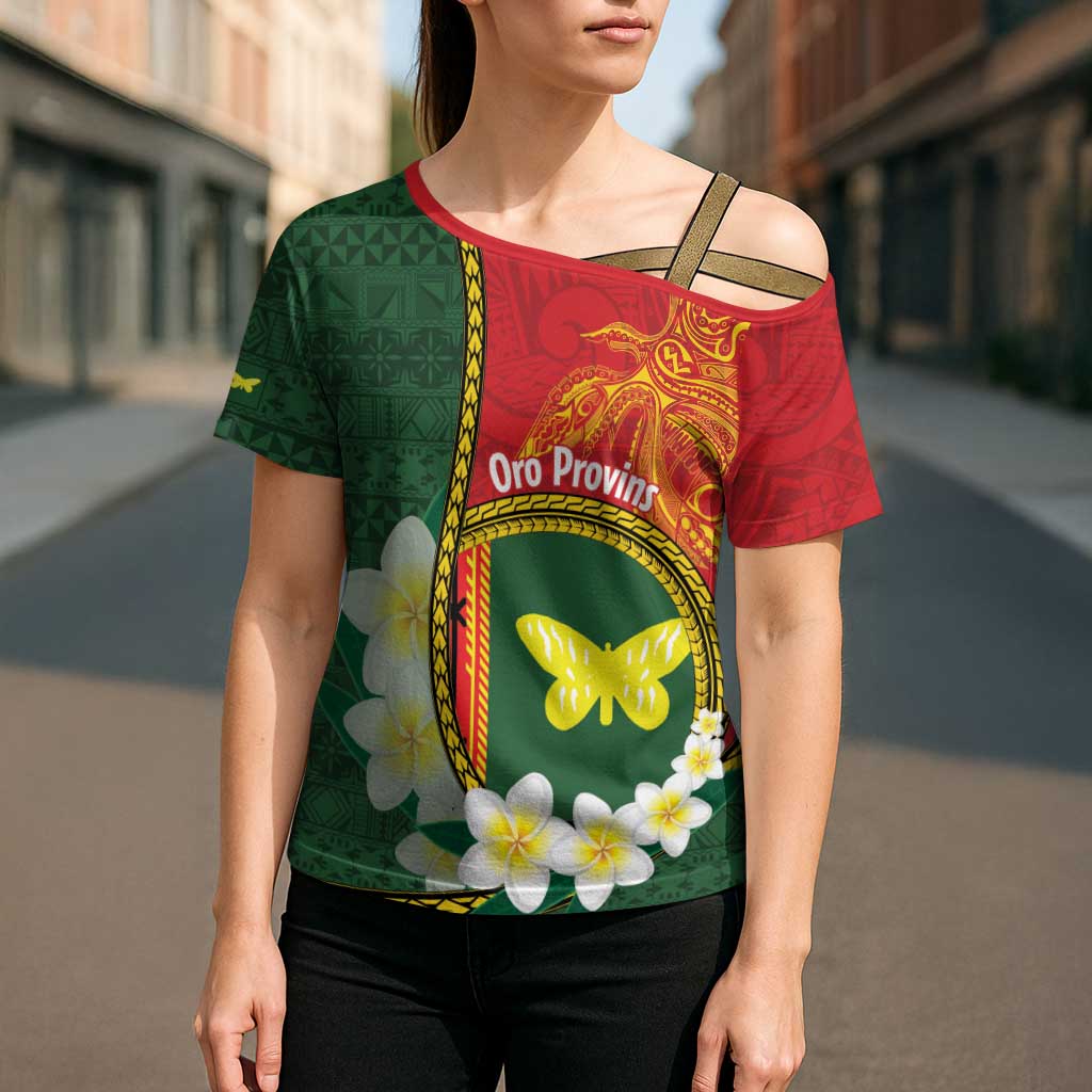 Personalised PNG Oro Provins Cross Shoulder Shirt Papua New Guinea Plumeria Melanesian Pattern LT14 - Polynesian Pride