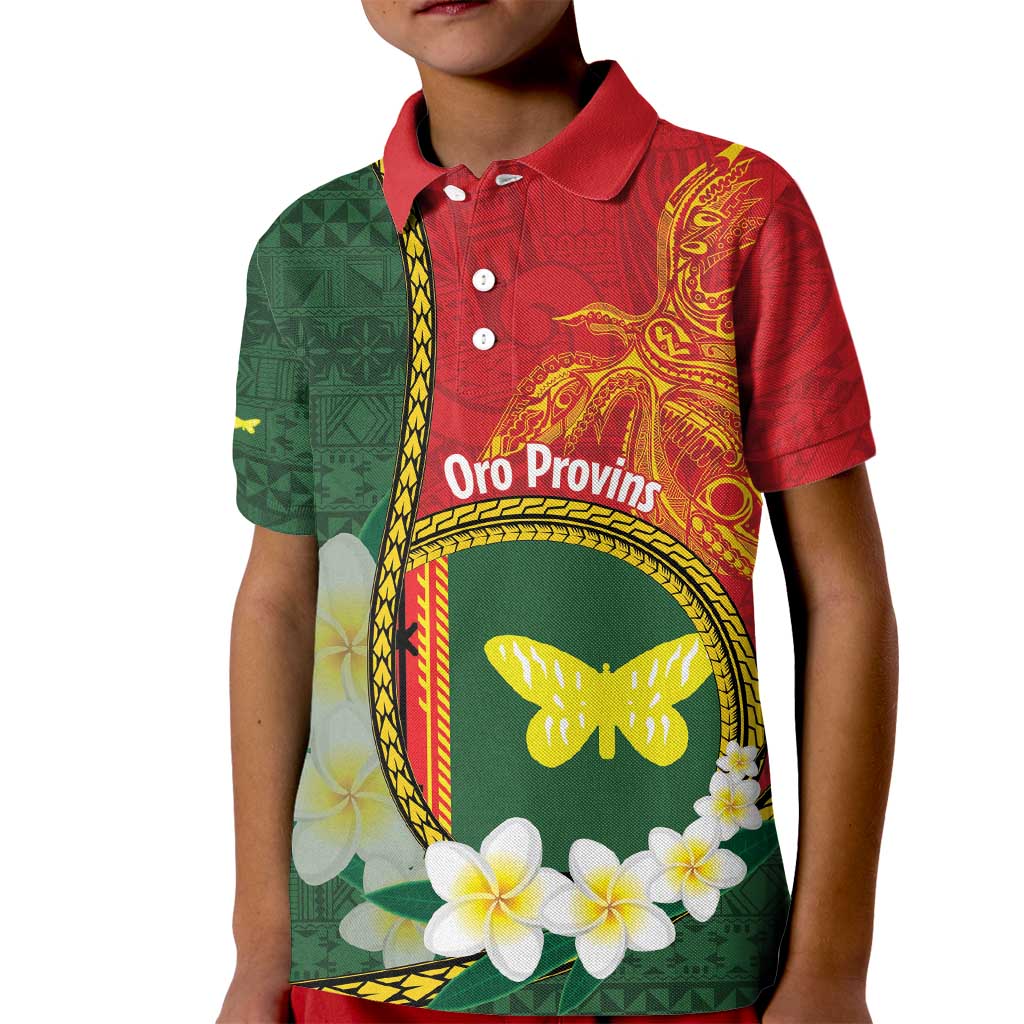 Personalised PNG Oro Provins Kid Polo Shirt Papua New Guinea Plumeria Melanesian Pattern - Polynesian Pride