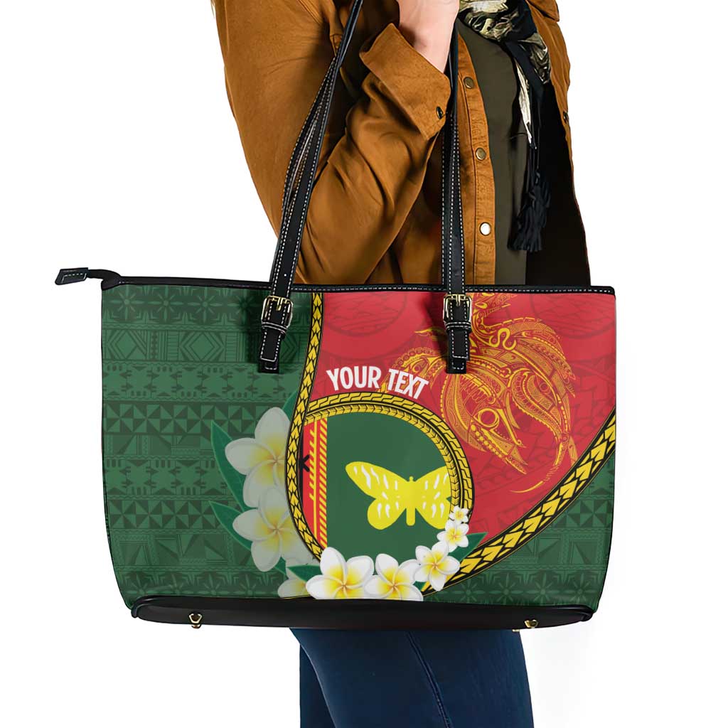 Personalised PNG Oro Provins Leather Tote Bag Papua New Guinea Plumeria Melanesian Pattern - Polynesian Pride