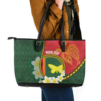 Personalised PNG Oro Provins Leather Tote Bag Papua New Guinea Plumeria Melanesian Pattern - Polynesian Pride