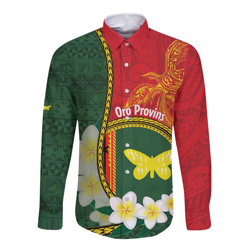 Personalised PNG Oro Provins Long Sleeve Button Shirt Papua New Guinea Plumeria Melanesian Pattern LT14 Unisex Green - Polynesian Pride