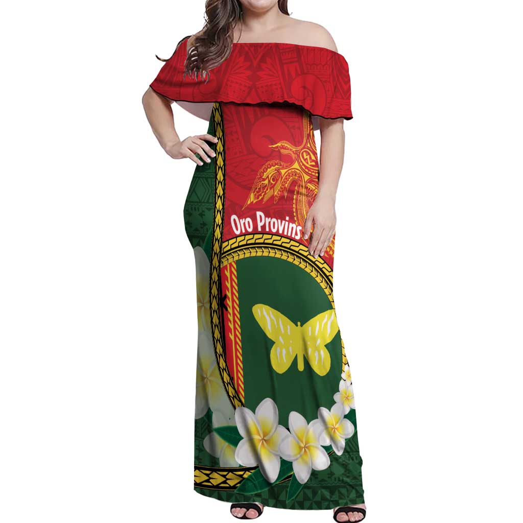 Personalised PNG Oro Provins Off Shoulder Maxi Dress Papua New Guinea Plumeria Melanesian Pattern - Polynesian Pride