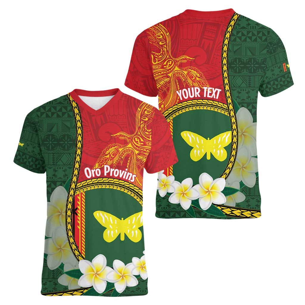 Personalised PNG Oro Provins Women V-Neck T-Shirt Papua New Guinea Plumeria Melanesian Pattern - Polynesian Pride