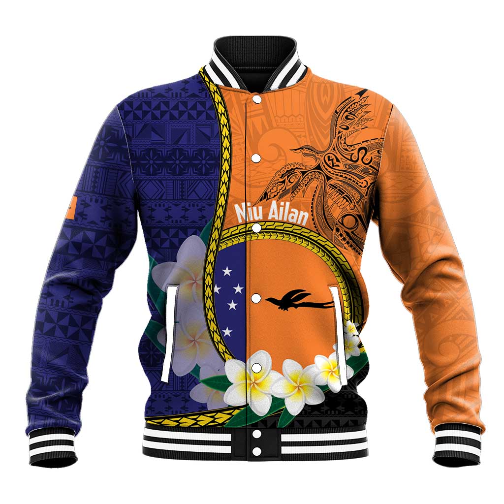 Personalised PNG Niu Ailan Baseball Jacket Papua New Guinea Plumeria Melanesian Pattern LT14 Unisex Orange - Polynesian Pride