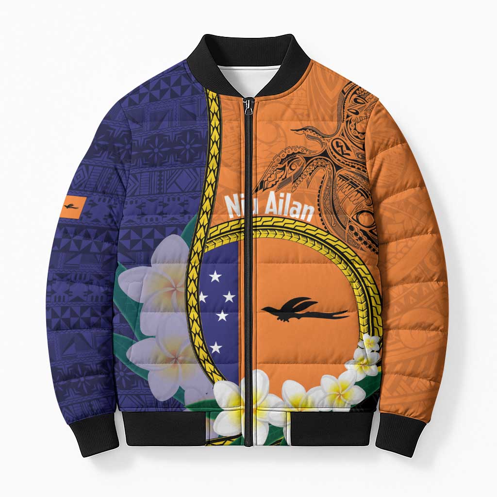 Personalised PNG Niu Ailan Bomber Puffer Jacket Papua New Guinea Plumeria Melanesian Pattern LT14 Orange - Polynesian Pride