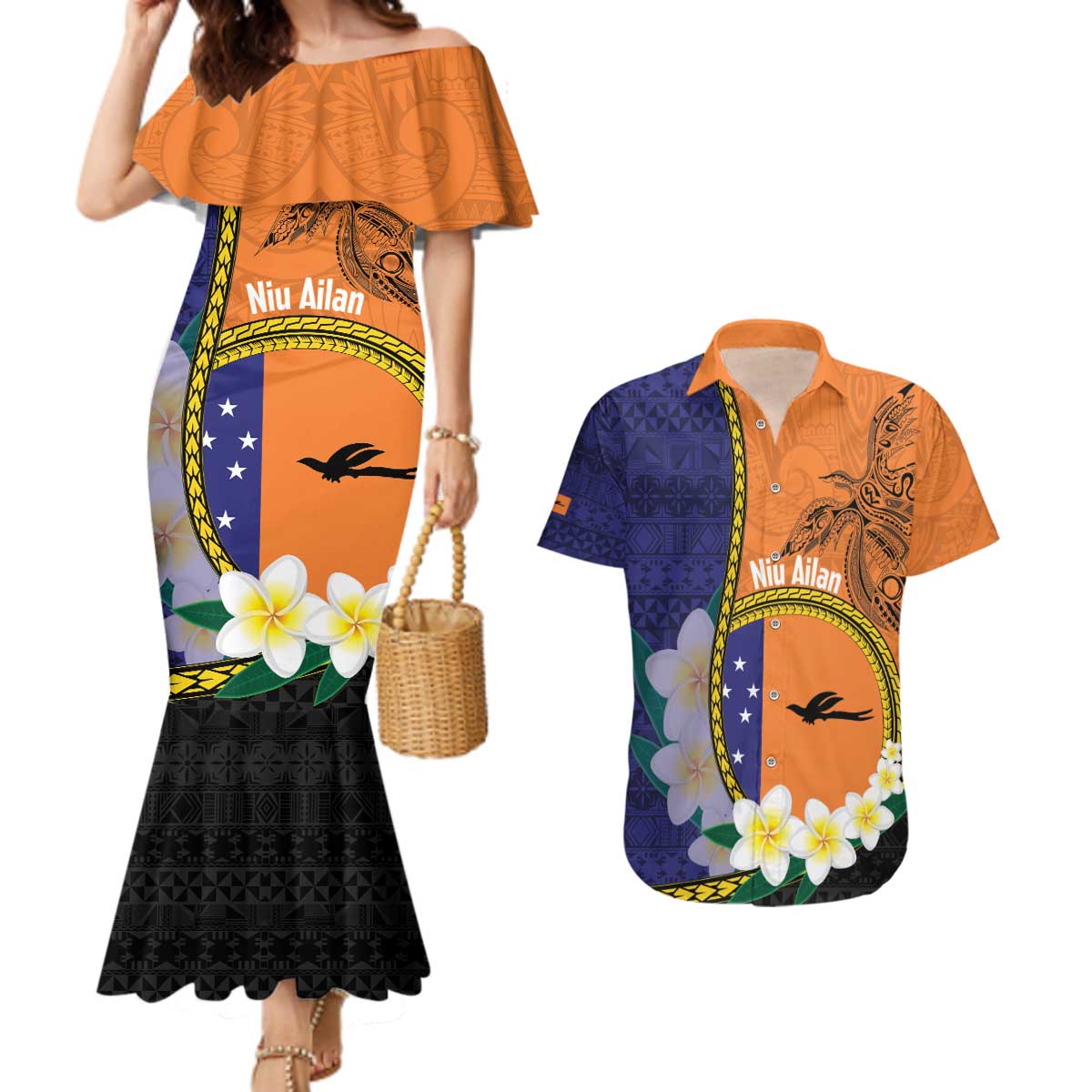 Personalised PNG Niu Ailan Couples Matching Mermaid Dress and Hawaiian Shirt Papua New Guinea Plumeria Melanesian Pattern - Polynesian Pride