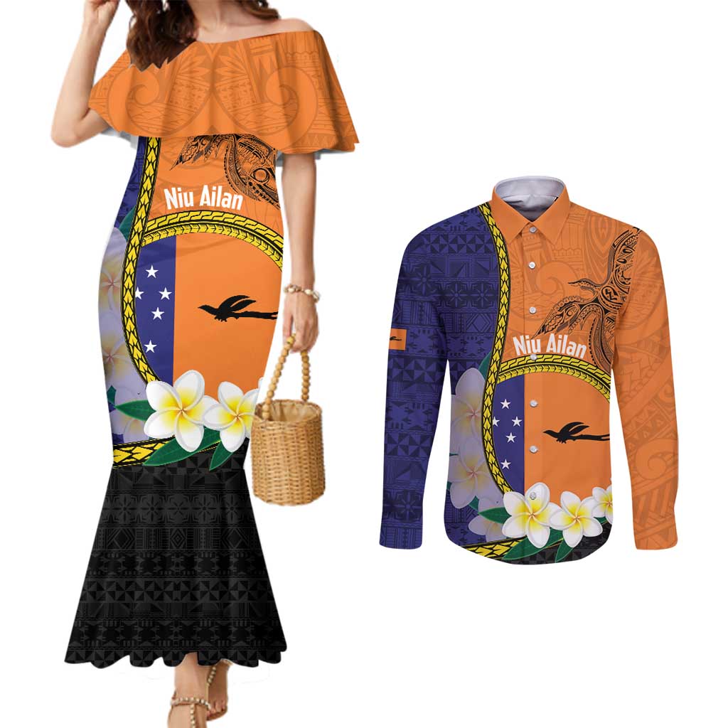 Personalised PNG Niu Ailan Couples Matching Mermaid Dress and Long Sleeve Button Shirt Papua New Guinea Plumeria Melanesian Pattern LT14 Orange - Polynesian Pride