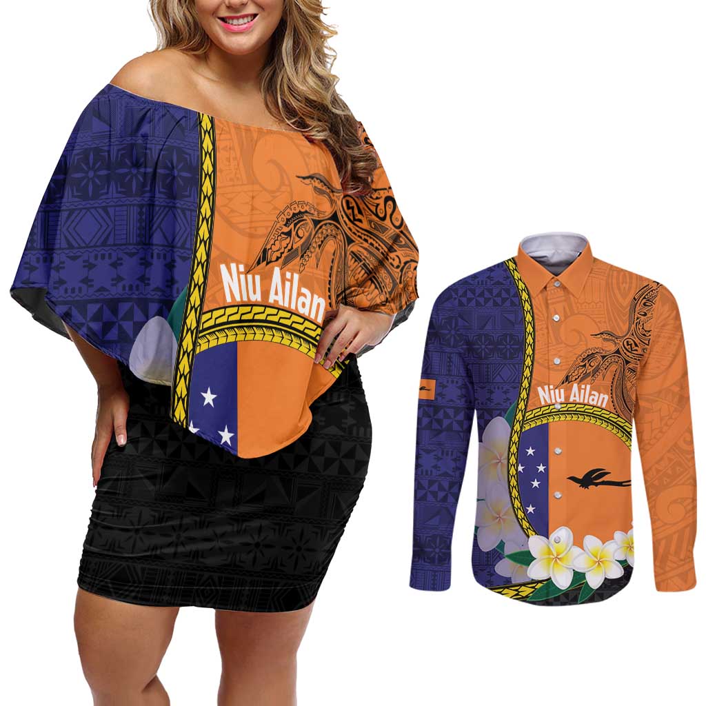 Personalised PNG Niu Ailan Couples Matching Off Shoulder Short Dress and Long Sleeve Button Shirt Papua New Guinea Plumeria Melanesian Pattern LT14 Orange - Polynesian Pride