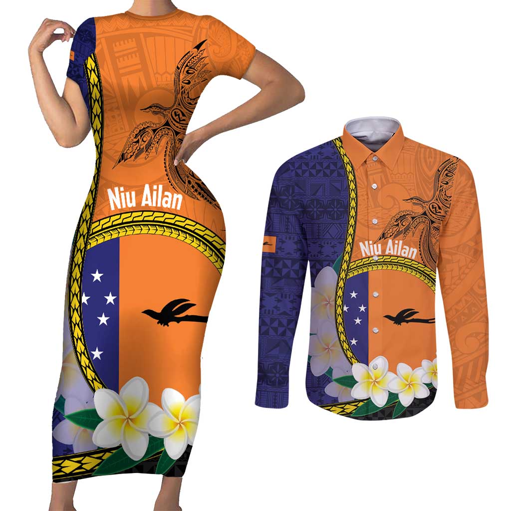 Personalised PNG Niu Ailan Couples Matching Short Sleeve Bodycon Dress and Long Sleeve Button Shirt Papua New Guinea Plumeria Melanesian Pattern LT14 Orange - Polynesian Pride