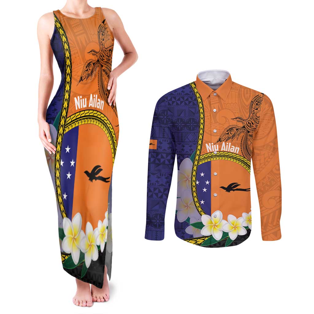 Personalised PNG Niu Ailan Couples Matching Tank Maxi Dress and Long Sleeve Button Shirt Papua New Guinea Plumeria Melanesian Pattern LT14 Orange - Polynesian Pride
