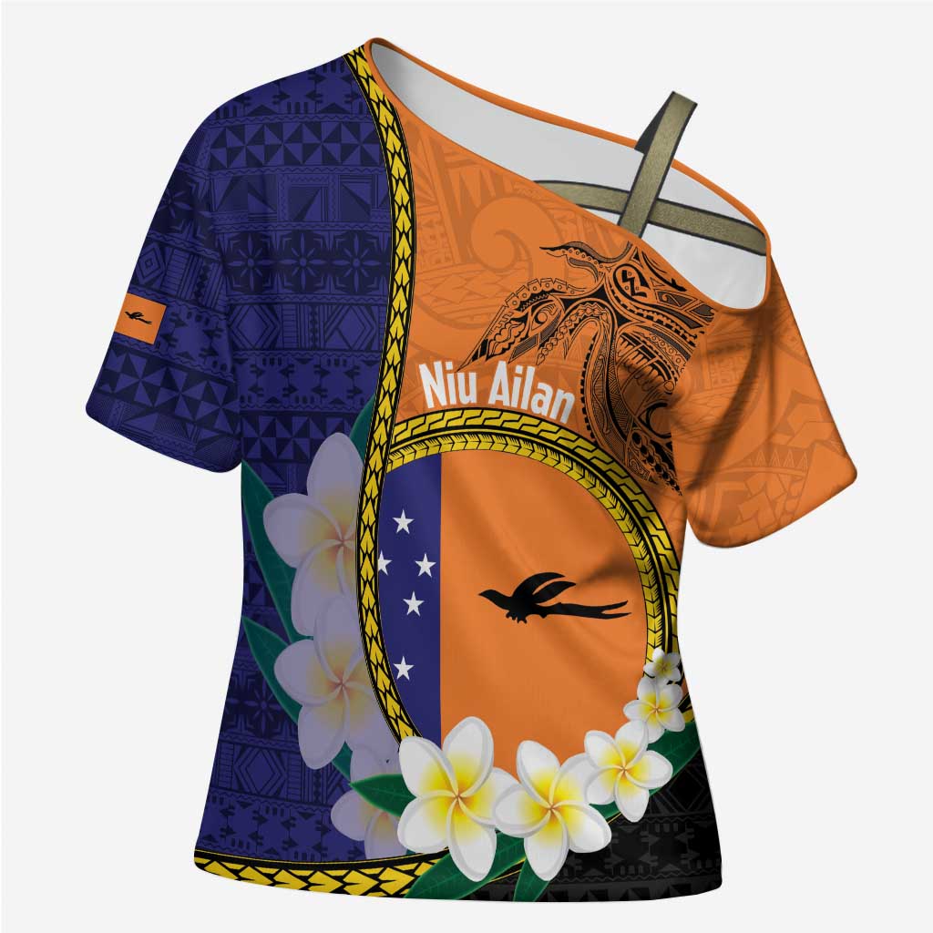 Personalised PNG Niu Ailan Cross Shoulder Shirt Papua New Guinea Plumeria Melanesian Pattern LT14 Female Orange - Polynesian Pride