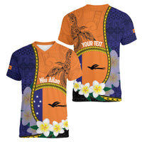 Personalised PNG Niu Ailan Women V-Neck T-Shirt Papua New Guinea Plumeria Melanesian Pattern - Polynesian Pride