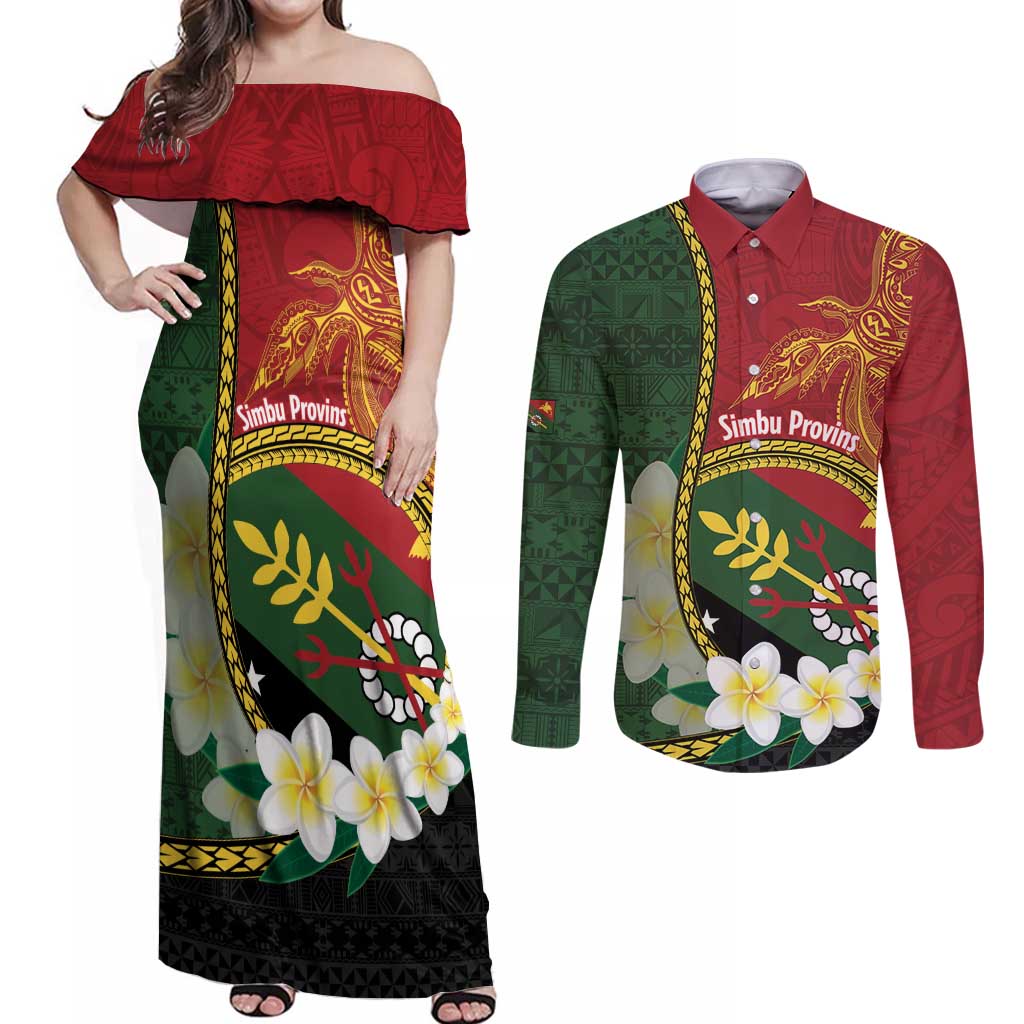 Personalised PNG Simbu Provins Couples Matching Off Shoulder Maxi Dress and Long Sleeve Button Shirt Papua New Guinea Plumeria Melanesian Pattern - Polynesian Pride