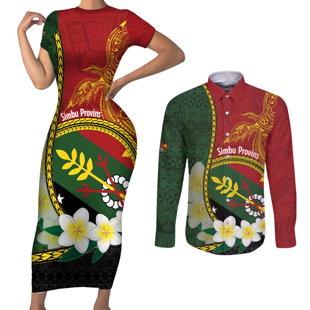 Personalised PNG Simbu Provins Couples Matching Short Sleeve Bodycon Dress and Long Sleeve Button Shirt Papua New Guinea Plumeria Melanesian Pattern - Polynesian Pride