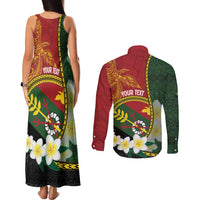 Personalised PNG Simbu Provins Couples Matching Tank Maxi Dress and Long Sleeve Button Shirt Papua New Guinea Plumeria Melanesian Pattern - Polynesian Pride