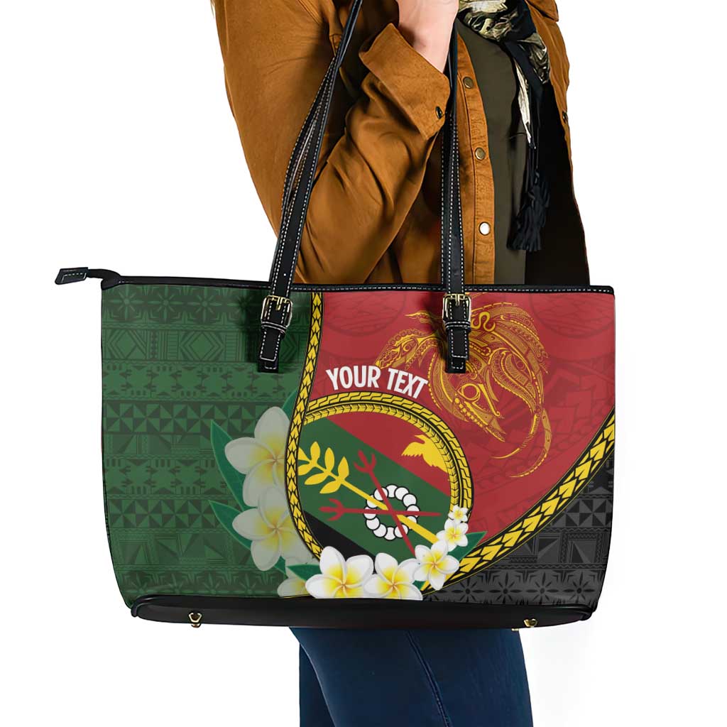Personalised PNG Simbu Provins Leather Tote Bag Papua New Guinea Plumeria Melanesian Pattern - Polynesian Pride