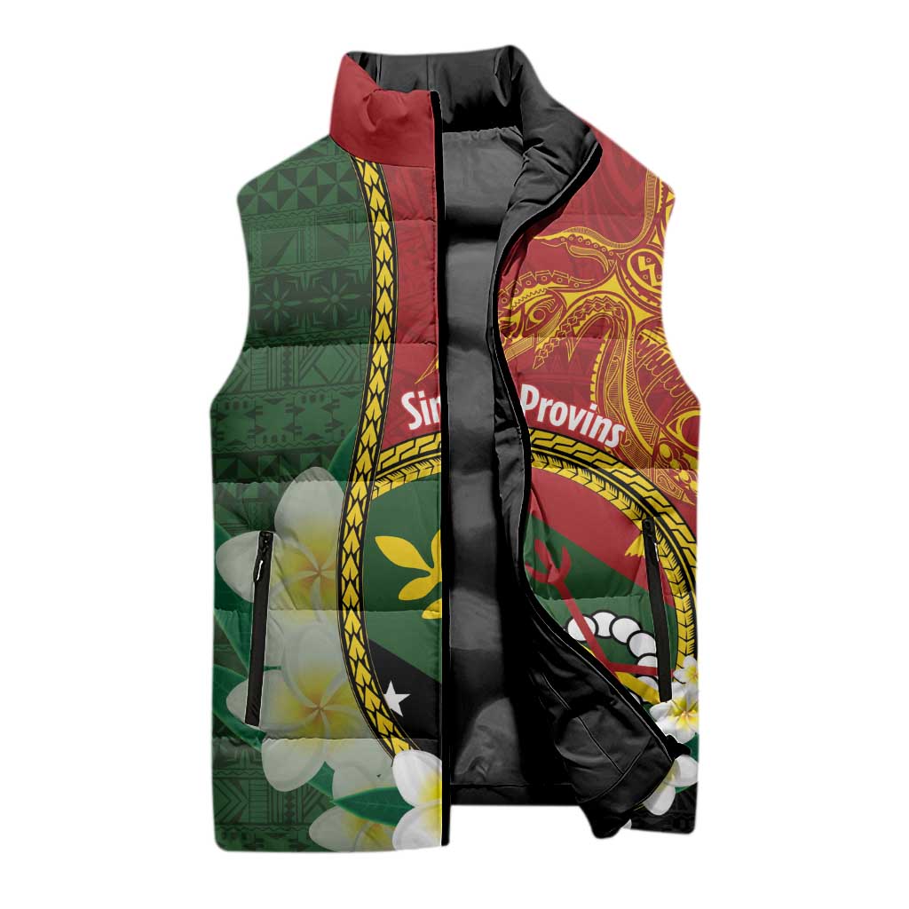 Personalised PNG Simbu Provins Sleeveless Puffer Jacket Papua New Guinea Plumeria Melanesian Pattern - Polynesian Pride