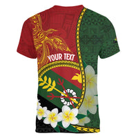 Personalised PNG Simbu Provins Women V-Neck T-Shirt Papua New Guinea Plumeria Melanesian Pattern - Polynesian Pride