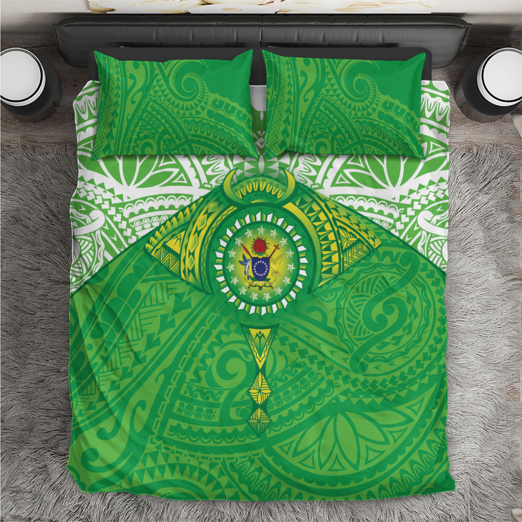 Cook Islands Manta Ray Bedding Set Kuki Airani Tattoo Green Color