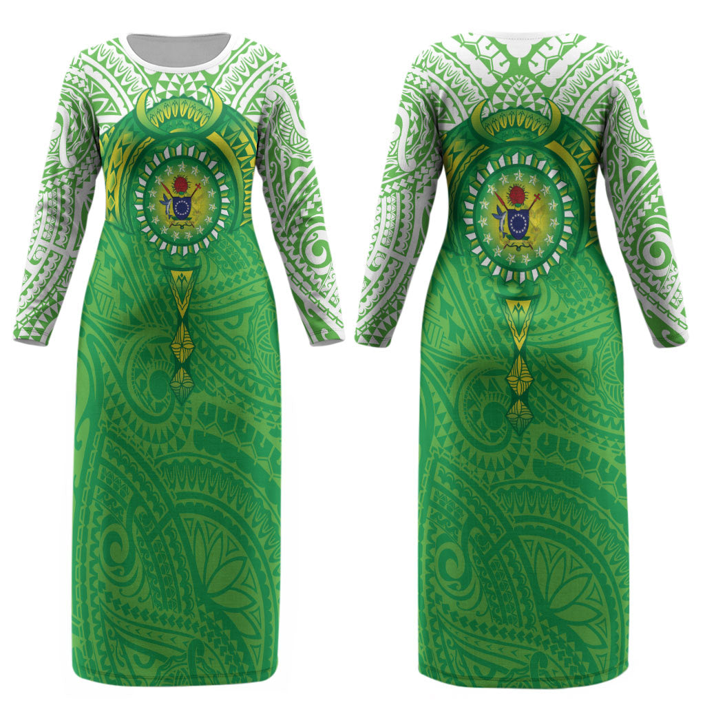 Cook Islands Manta Ray Couples Matching Long Sleeve Bodycon Dress and Long Sleeve Button Shirt Kuki Airani Tattoo Green Color LT14 - Polynesian Pride