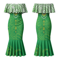 Cook Islands Manta Ray Couples Matching Mermaid Dress and Long Sleeve Button Shirt Kuki Airani Tattoo Green Color LT14 - Polynesian Pride