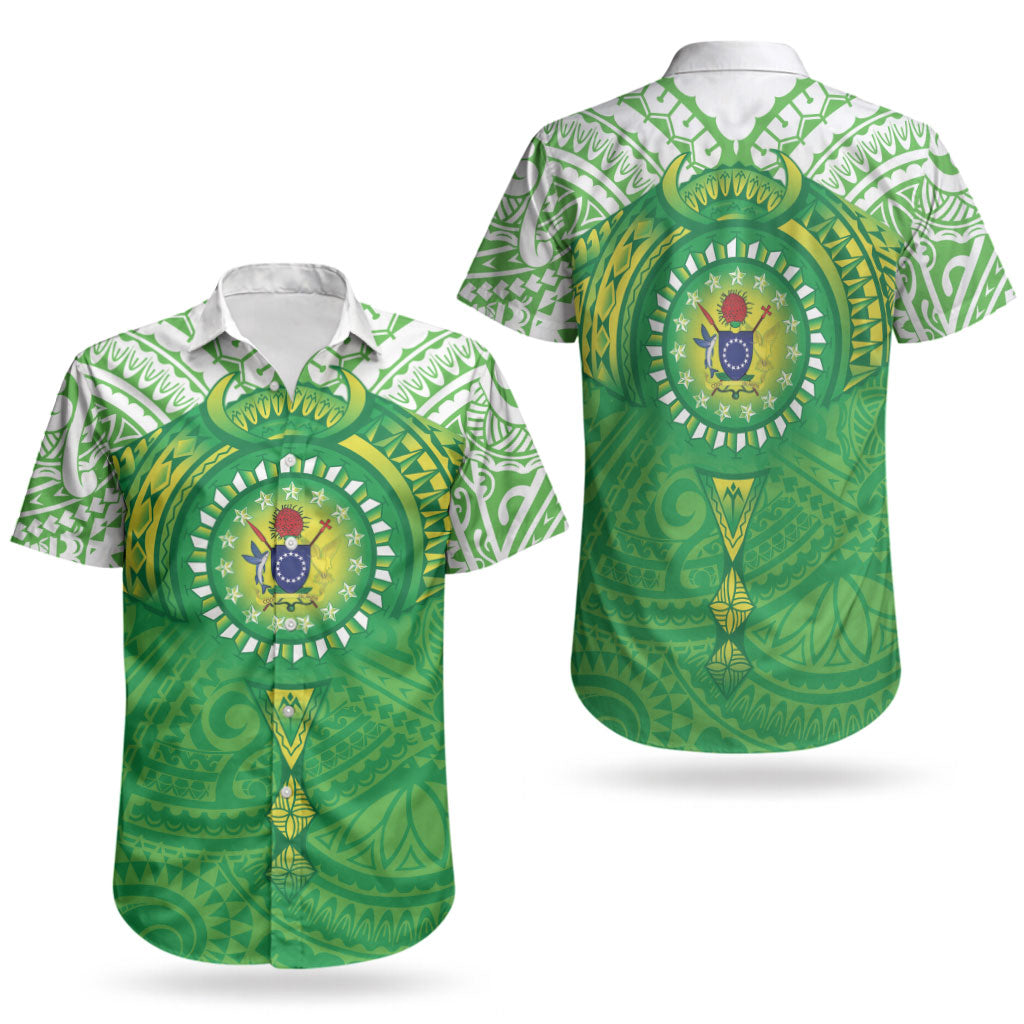 Cook Islands Manta Ray Couples Matching Off Shoulder Maxi Dress and Hawaiian Shirt Kuki Airani Tattoo Green Color LT14 - Polynesian Pride