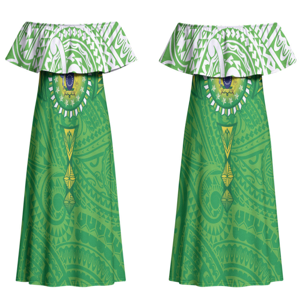 Cook Islands Manta Ray Couples Matching Off Shoulder Maxi Dress and Hawaiian Shirt Kuki Airani Tattoo Green Color LT14 - Polynesian Pride