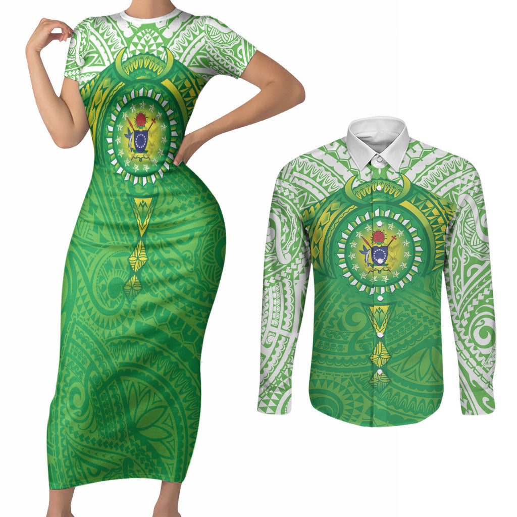 Cook Islands Manta Ray Couples Matching Short Sleeve Bodycon Dress and Long Sleeve Button Shirt Kuki Airani Tattoo Green Color LT14 Green - Polynesian Pride