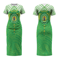 Cook Islands Manta Ray Couples Matching Short Sleeve Bodycon Dress and Long Sleeve Button Shirt Kuki Airani Tattoo Green Color LT14 - Polynesian Pride