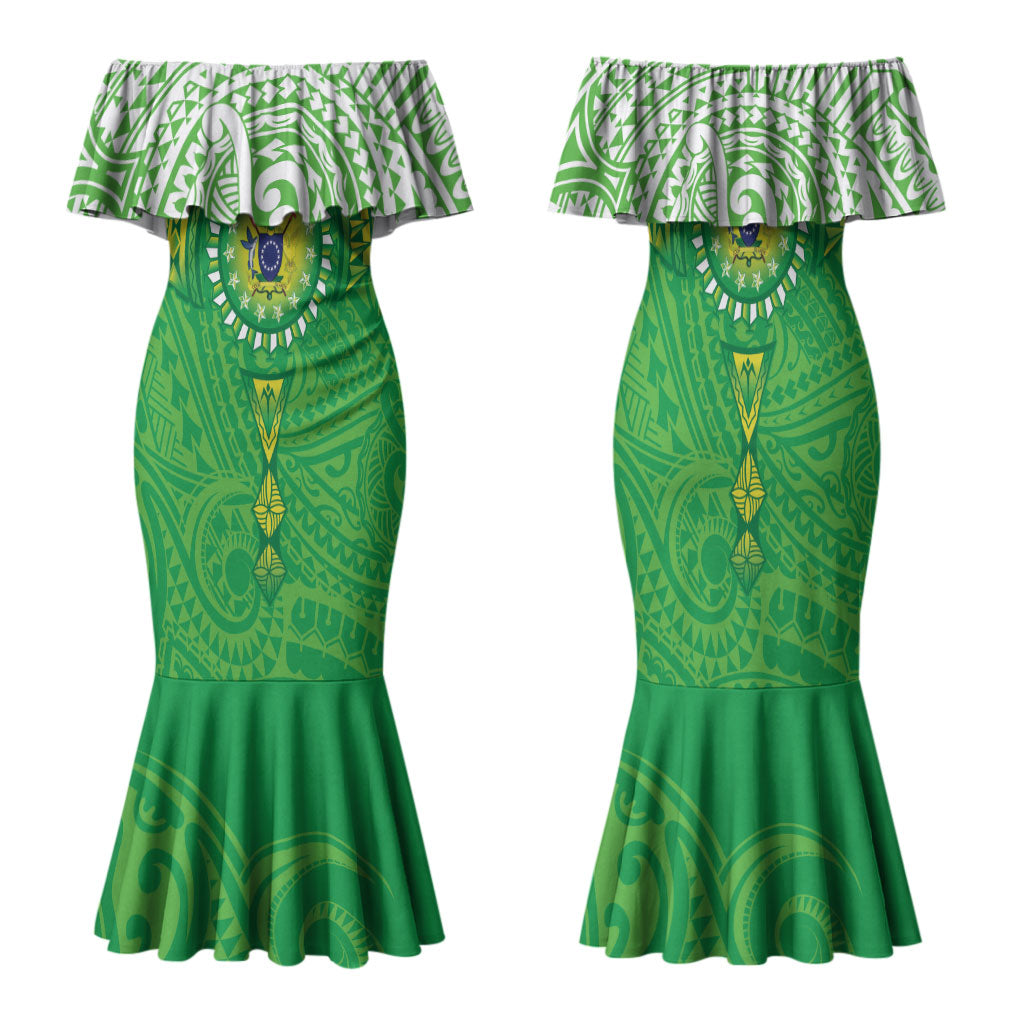 Cook Islands Manta Ray Family Matching Mermaid Dress and Hawaiian Shirt Kuki Airani Tattoo Green Color LT14 Mom's Dress Green - Polynesian Pride