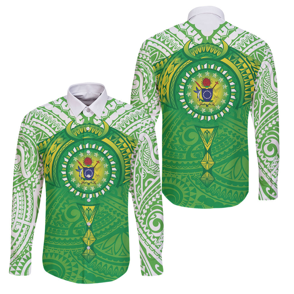 Cook Islands Manta Ray Family Matching Summer Maxi Dress and Hawaiian Shirt Kuki Airani Tattoo Green Color LT14 Dad's Shirt - Long Sleeve Green - Polynesian Pride