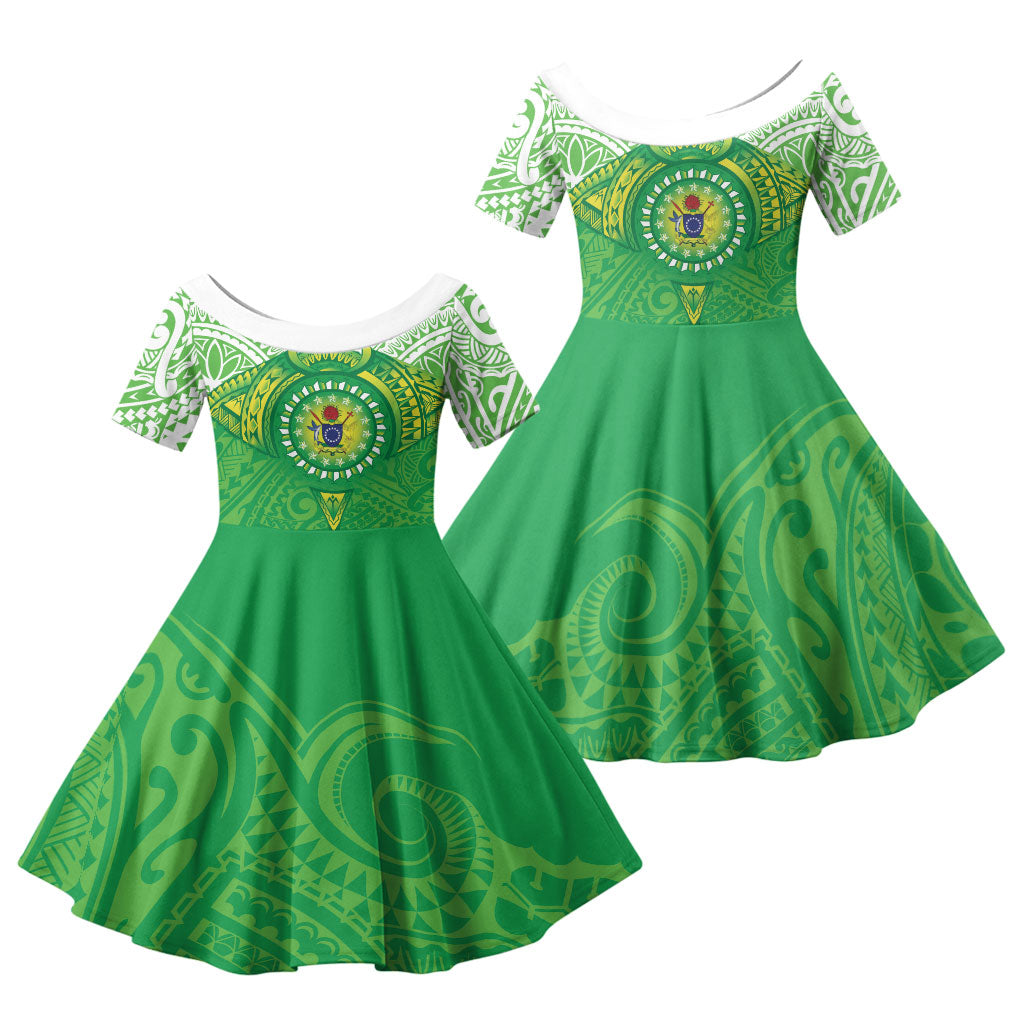 Cook Islands Manta Ray Family Matching Summer Maxi Dress and Hawaiian Shirt Kuki Airani Tattoo Green Color LT14 Daughter's Dress Green - Polynesian Pride