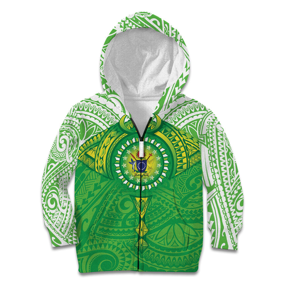 Cook Islands Manta Ray Kid Hoodie Kuki Airani Tattoo Green Color LT14 Zip Hoodie Green - Polynesian Pride