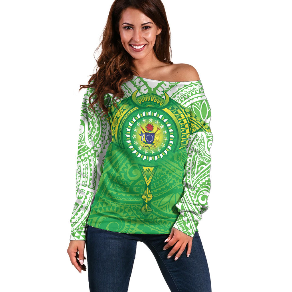 Cook Islands Manta Ray Off Shoulder Sweater Kuki Airani Tattoo Green Color LT14 Women Green - Polynesian Pride