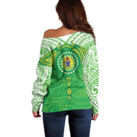 Cook Islands Manta Ray Off Shoulder Sweater Kuki Airani Tattoo Green Color LT14 - Polynesian Pride
