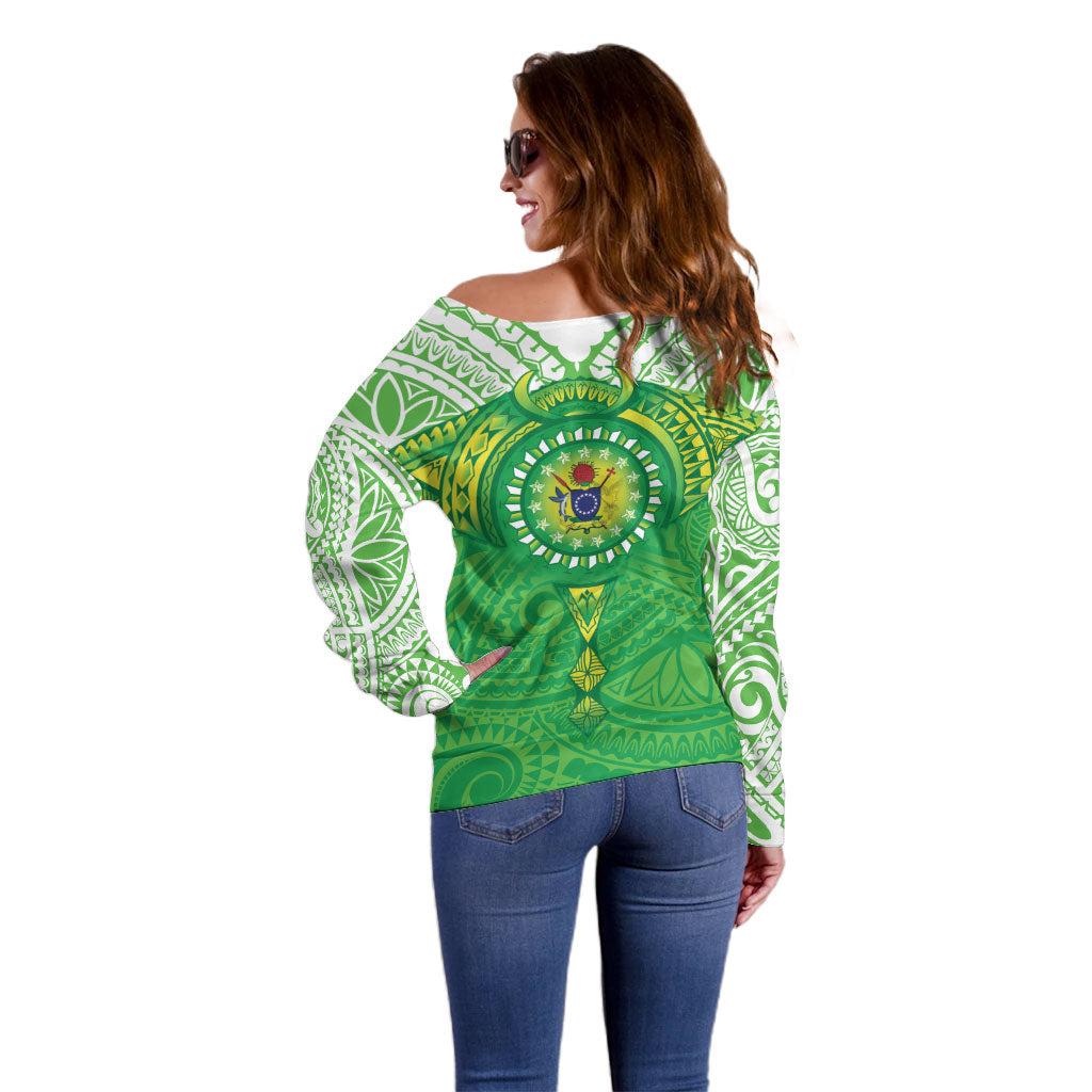Cook Islands Manta Ray Off Shoulder Sweater Kuki Airani Tattoo Green Color LT14 - Polynesian Pride