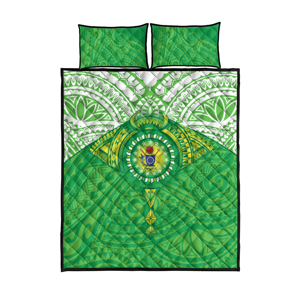 Cook Islands Manta Ray Quilt Bed Set Kuki Airani Tattoo Green Color LT14 - Polynesian Pride