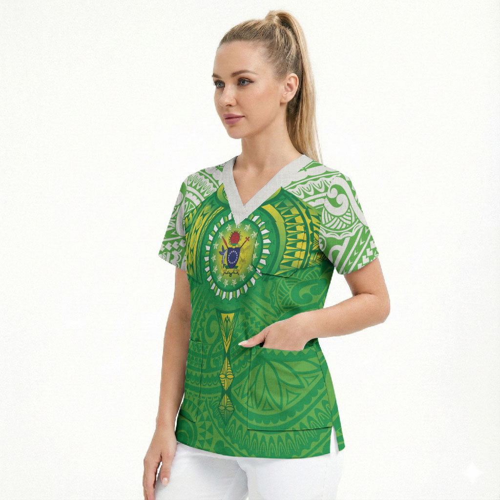 Cook Islands Manta Ray Scrub Top Kuki Airani Tattoo Green Color LT14 - Polynesian Pride