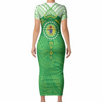 Cook Islands Manta Ray Short Sleeve Bodycon Dress Kuki Airani Tattoo Green Color LT14 - Polynesian Pride